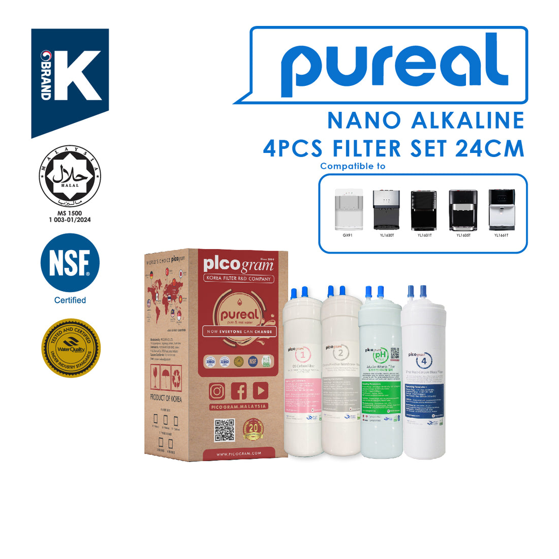 (JAKIM HALAL) Pureal Picogram 24cm NANO ALKALINE Water Filter Cartridges 4pcs Compatible to Midea
