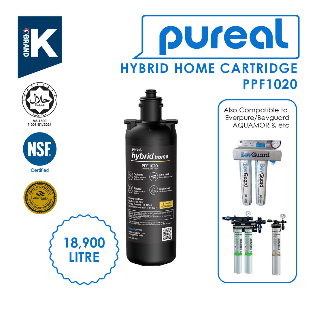 (JAKIM HALAL)Pureal Hybrid Home Sediment Cartridge PPF-1020 suit Everpure/Bevguard/AQUAMOR/Paragon