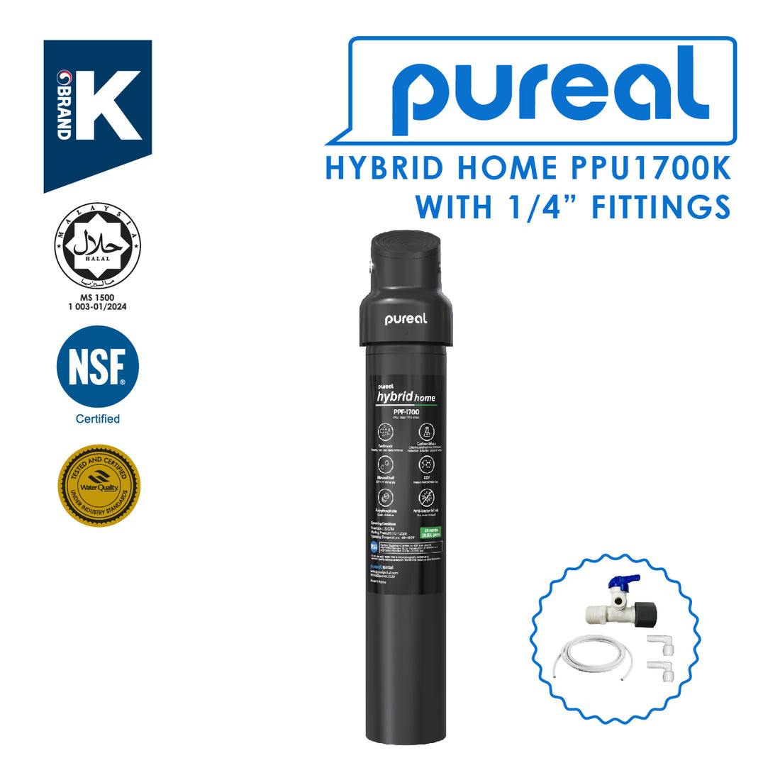 (JAKIM HALAL) Pureal Hybrid Home PPU-1700K with 1/4" Fittings Undersink Water Filter NSF certified