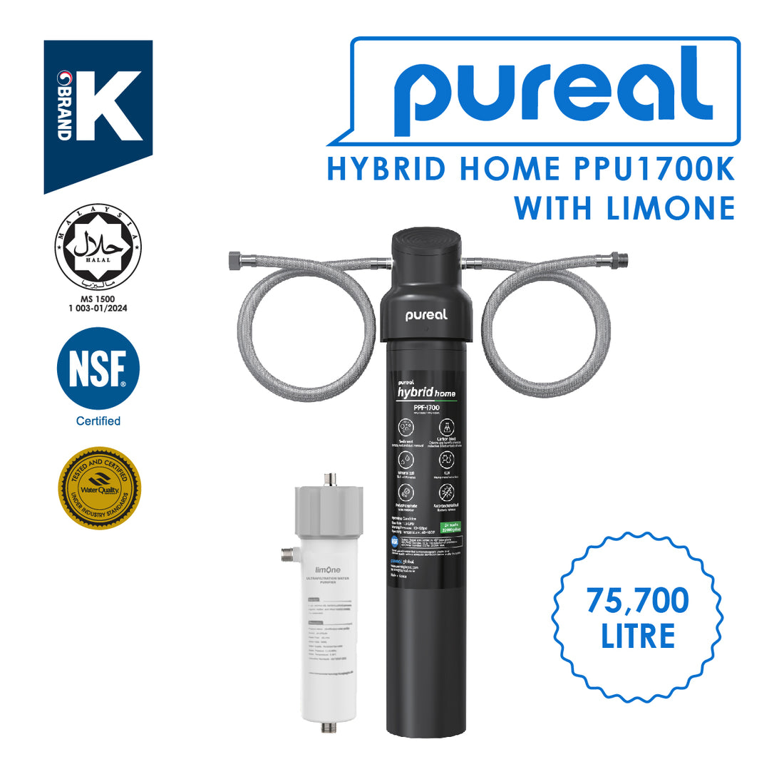 (JAKIM HALAL) Pureal Hybrid Home PPU1700K+Limone UF UnderSink Water Filter NSF 42 & 372 Coffee Machine Boiler (75,700L)