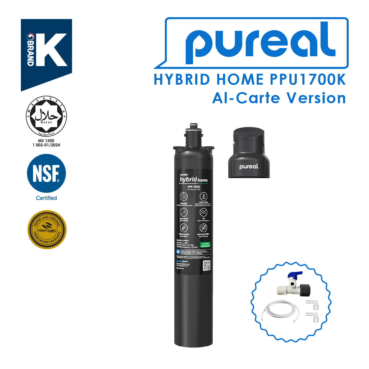 (JAKIM HALAL) Pureal Hybrid Home PPU-1700K with 1/4" Fittings Undersink Water Filter NSF certified