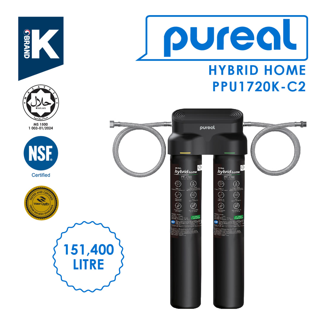 Pureal Hybrid Home Under Sink Water Filter PPU1720K-C2 suitable for Food & Beverage Usage