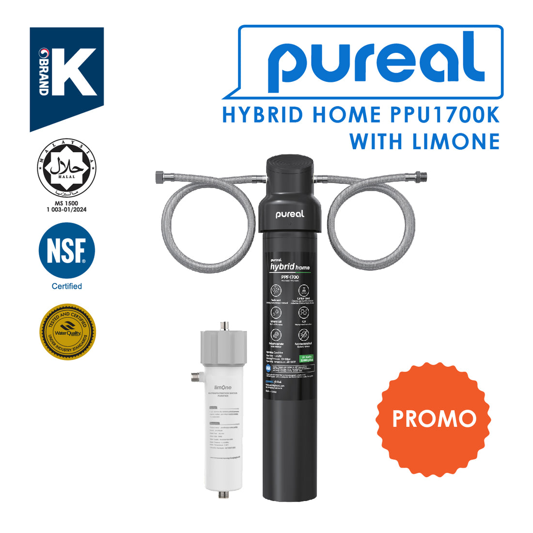 (JAKIM HALAL) Pureal Hybrid Home PPU1700K+Limone UF UnderSink Water Filter NSF 42 & 372 Coffee Machine Boiler (75,700L)