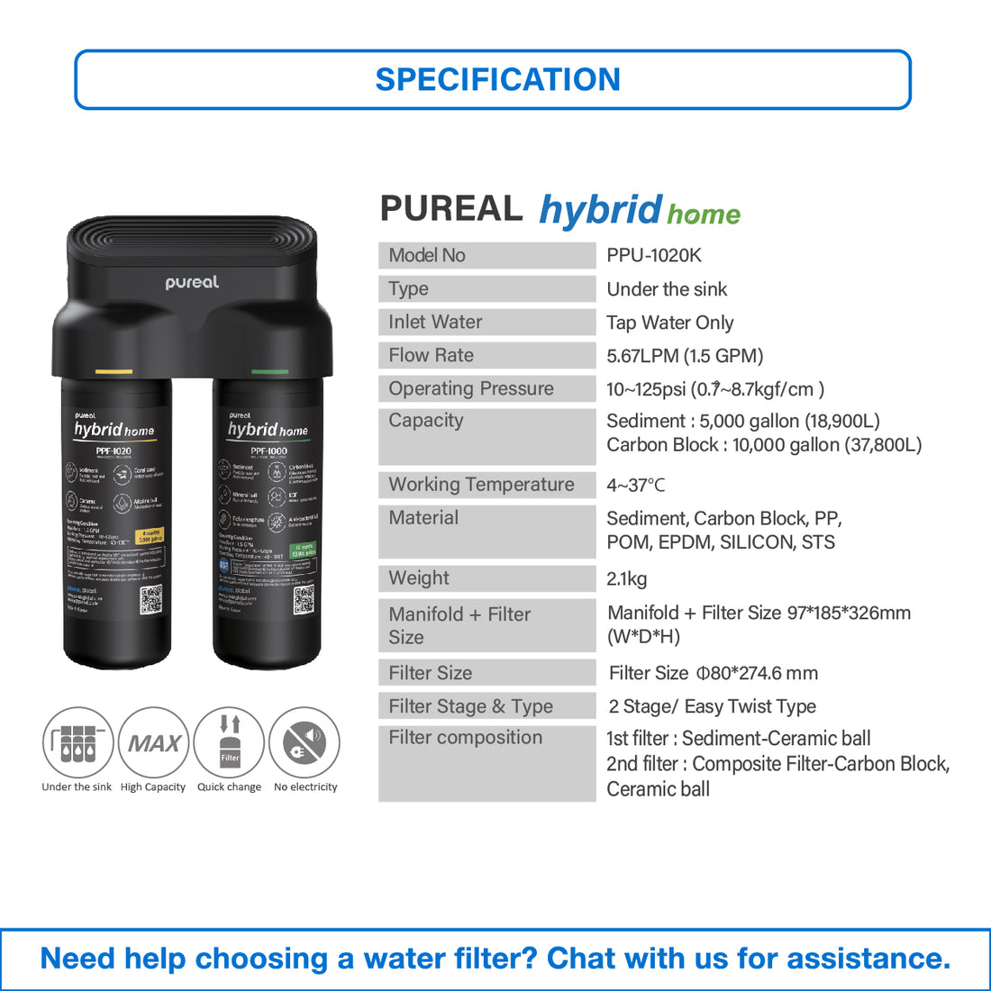 (JAKIM HALAL) Pureal Hybrid Home PPU-1020K with 1/4&quot; Fittings Undersink Water Filter NSF certified