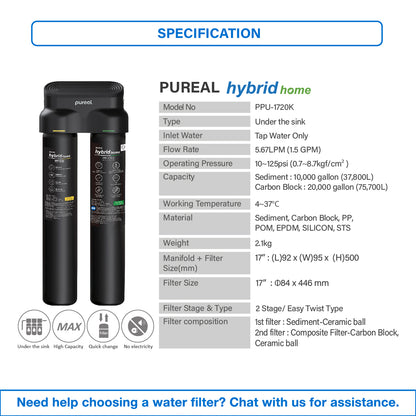 Pureal Hybrid Home Under Sink Water Filter PPU1720K suitable for Restaurant &amp; Hotel Usage
