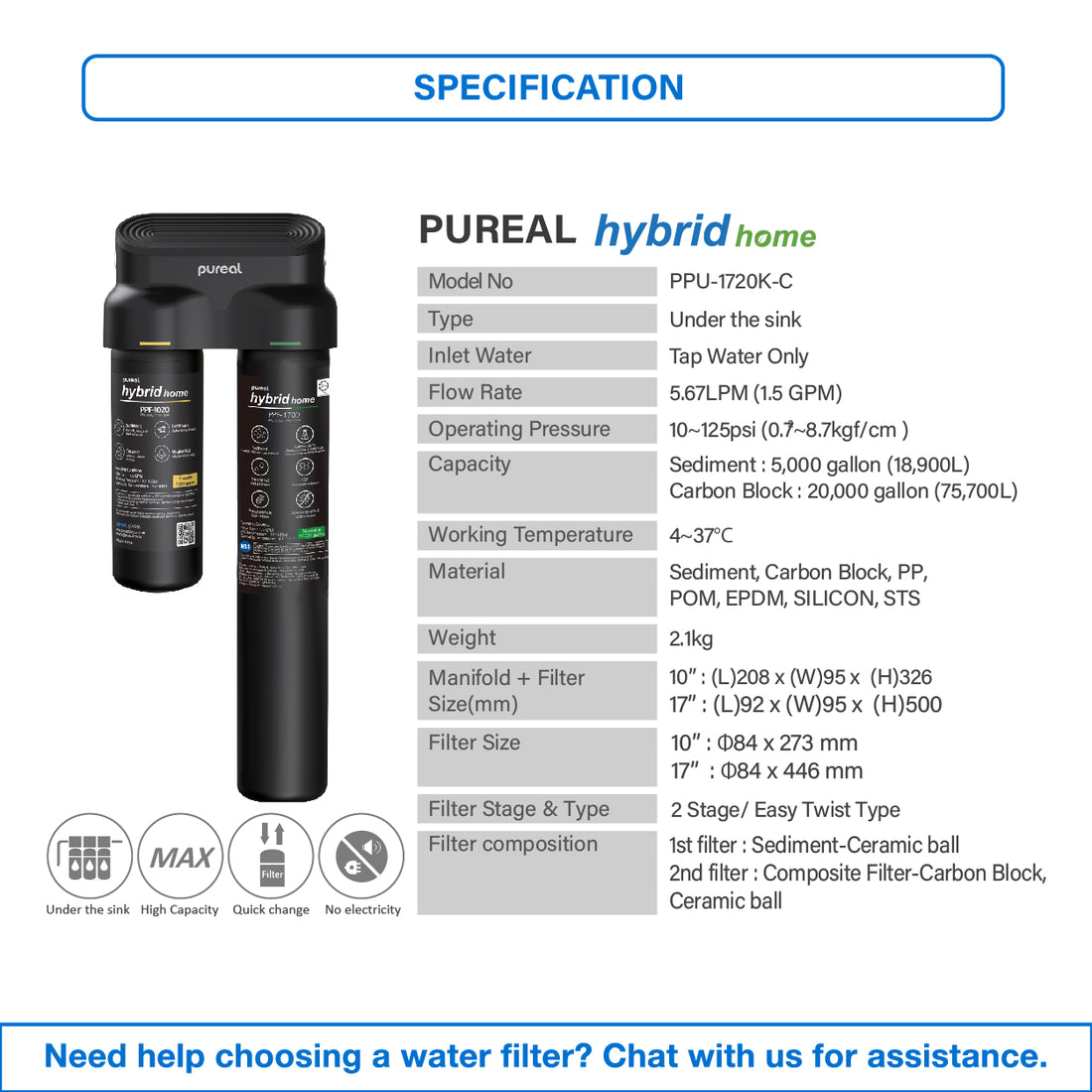 Pureal Hybrid Home Under Sink Water Filter PPU1720K-C suitable for F&amp;B usage