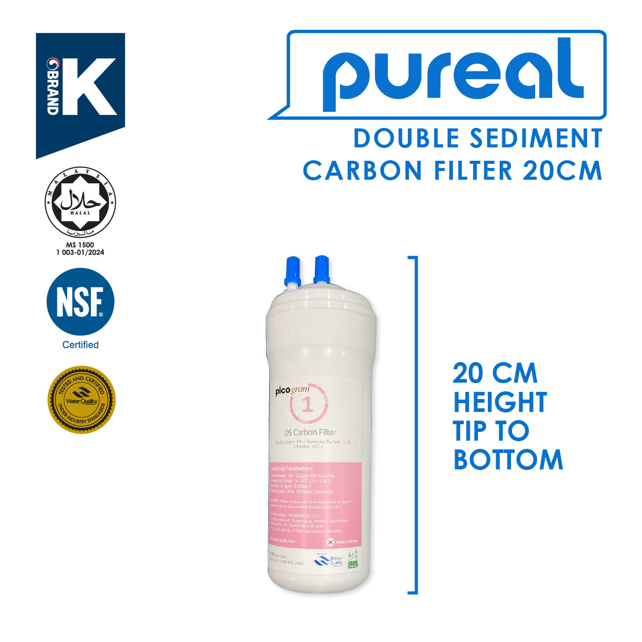 (JAKIM HALAL) Pureal Picogram 20cm Replacement Filter Water Filter compatible to coway/cuckoo