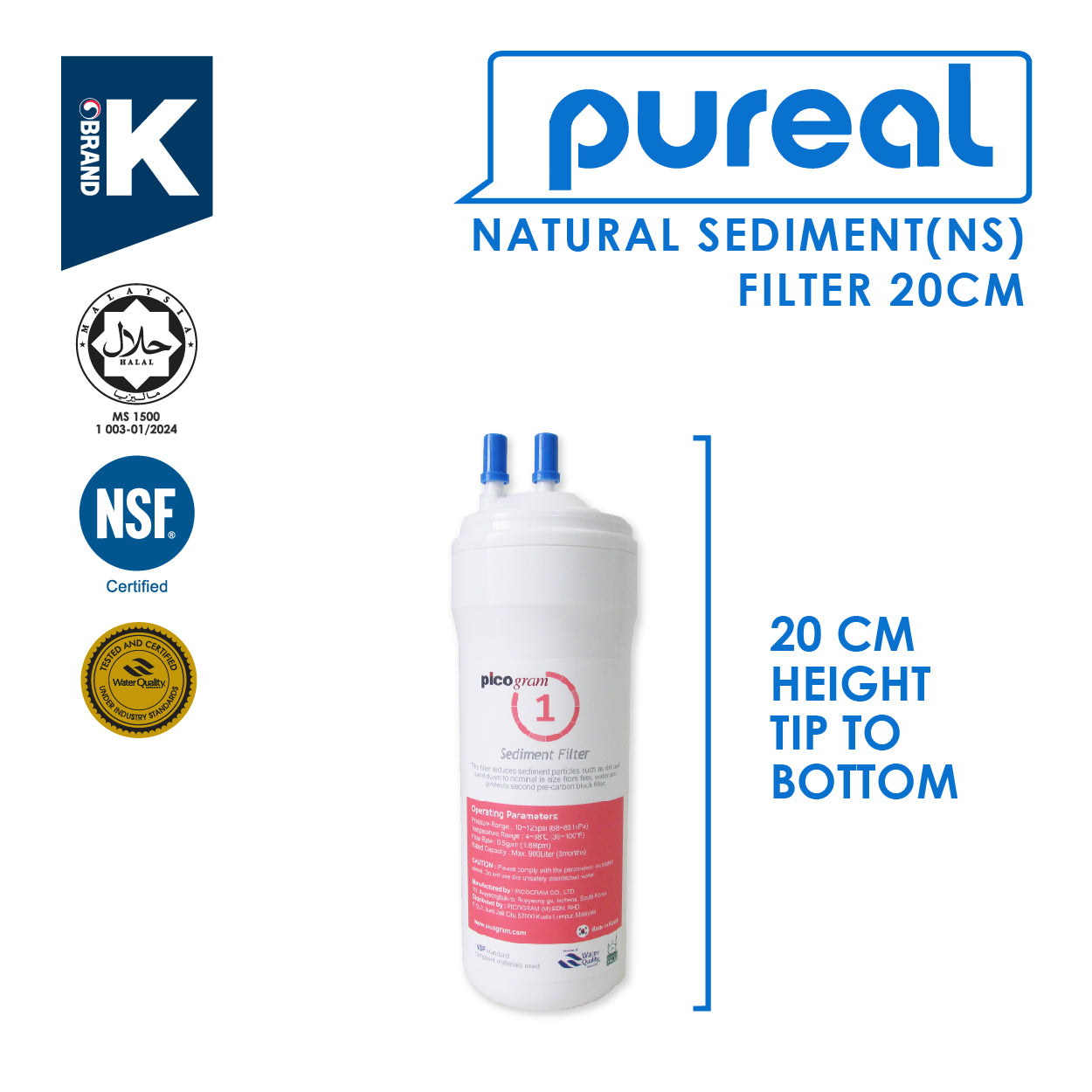 (JAKIM HALAL) Pureal Picogram 20cm Replacement Filter Water Filter compatible to coway/cuckoo