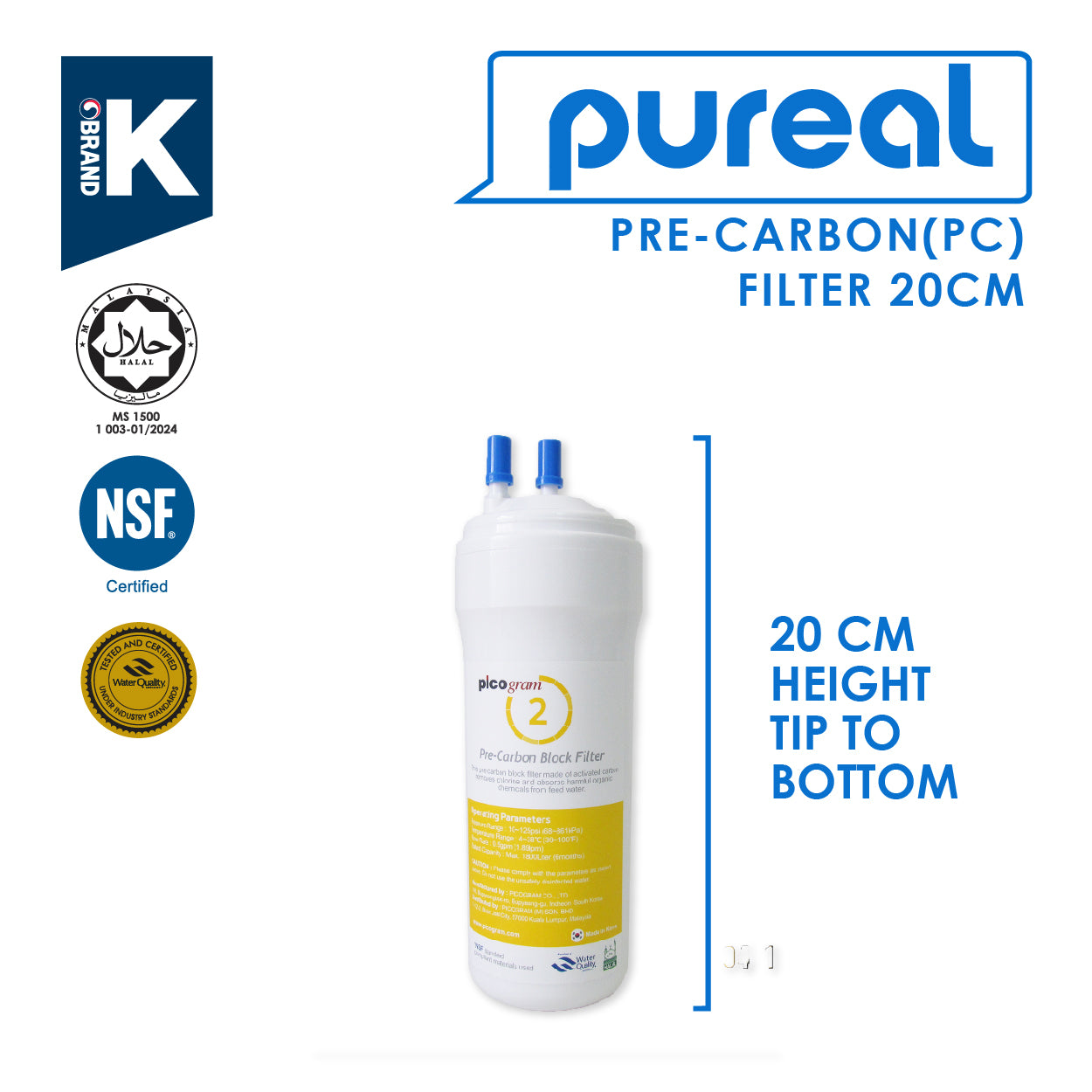 (JAKIM HALAL) Pureal Picogram 20cm Replacement Filter Water Filter compatible to coway/cuckoo