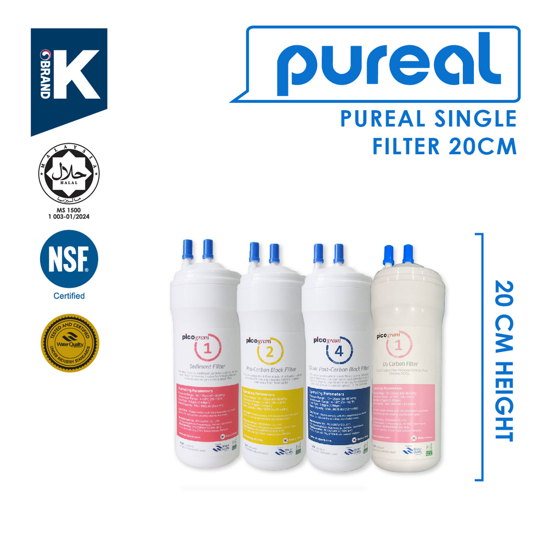 (JAKIM HALAL) Pureal Picogram 20cm Replacement Filter Water Filter compatible to coway/cuckoo