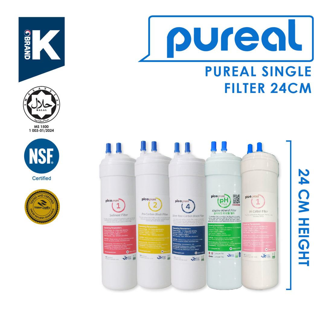 (JAKIM HALAL) Pureal Picogram 24cm Replacement Filter Water Filter compatible to coway/midea