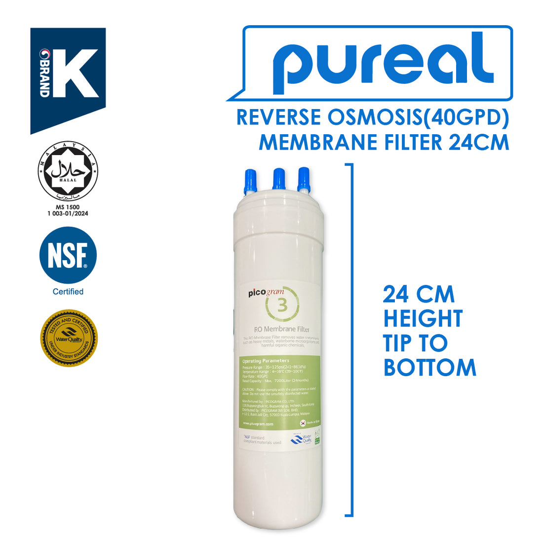 (JAKIM HALAL) Pureal Picogram 24cm RO(40GPD) Water Filter Cartridges