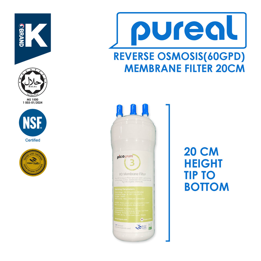 (JAKIM HALAL) Pureal Picogram 20cm RO(60GPD) Water Filter Cartridges