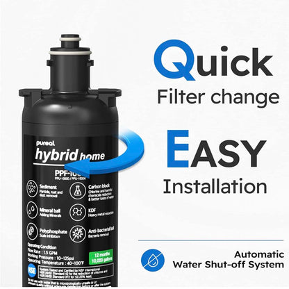 (PRE-ORDER - SHIP OUT END OF FEB 2024)Pureal Hybrid Home PPU1000K Under Sink Water Filter System, 10K Gallons, NSF/ANSI 42&amp;372, Mineral Sediment Carbon Block KDF Polyphosphate Filter for Scale &amp; Lead &amp; Chlorine